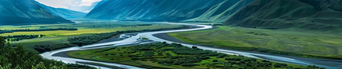 Wide-angle view of a river winding through a valley, showcasing Nature's Pathway