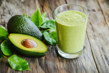 green avocado sits on a table next to a glass of green liquid. The avocado is cut in half and the inside is visible