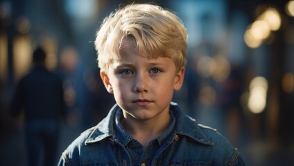 Little blond boy dressed in denim overalls.