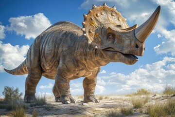 Fototapeta premium A Ceratopsian Dinosaur Stands in a Dry Landscape