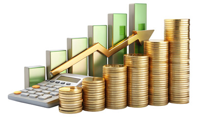 A financial growth chart showing green bars and a gold upward arrow. Stacks of gold coins and a calculator symbolize economic progress, on a transparent background