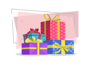 Colorful gift boxes with bow vector illustration. Presents, package, decoration. Festive concept. Can be used for topics like Christmas, New Year, birthday