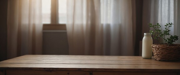 Fototapeta premium Empty wooden table in baby room interior.