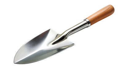 Obraz premium A sleek metal garden trowel with a smooth, reflective finish. The handle is made of polished wood, offering a comfortable grip for gardening tasks, on a transparent background