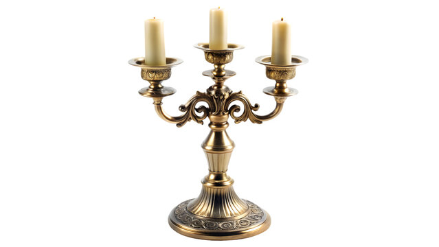 A vintage brass candelabra with three lit candles, featuring ornate detailing and a polished finish, exuding a classic, elegant aesthetic, on a transparent background