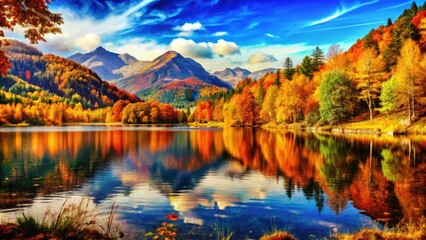 Naklejka premium Vibrant Autumn Forest Reflecting in Still Lake Water