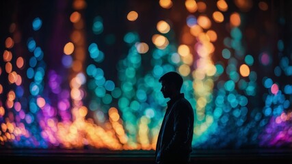 A silhouette of a man contrasts with the colorful lighting from an oversized book's pages.