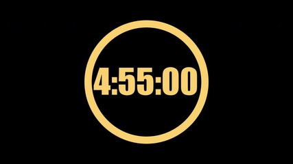 5 Minute countdown timer in a circle. Gold numbers on black background. 5 minute countdown. Digital countdown. 4K motion count down timer.