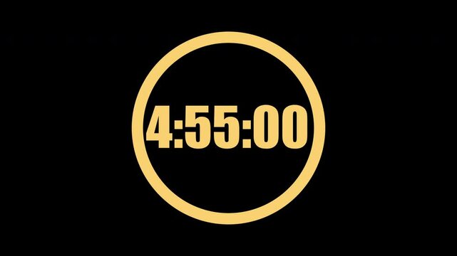 5 Minute countdown timer in a circle. Gold numbers on black background. 5 minute countdown. Digital countdown. 4K motion count down timer.