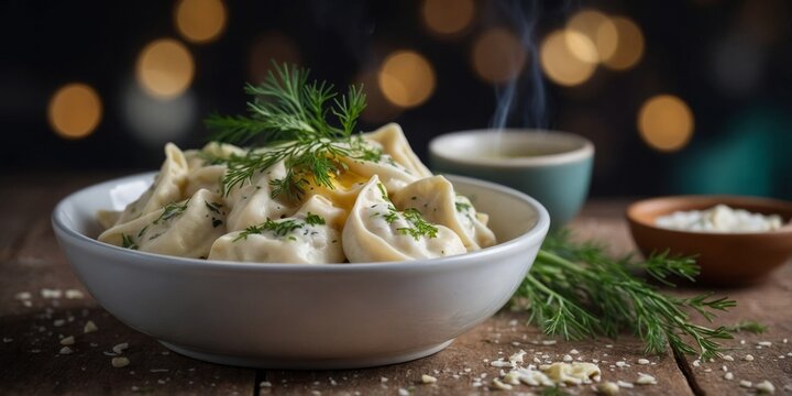 Traditional steamed manti with yogurt and dill.