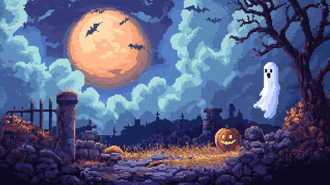 2d pixel art of Halloween background, pumpkin, ghost, spooky, cute graphic, 16-bit, 32-bit 