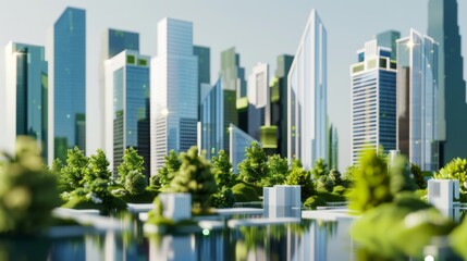 Obraz premium Urban landscape with integrated nature and skyscrapers, copy space, deep depth of field.