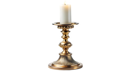 View of the brass candelabra, showing its intricate design and the warm glow from the candles, enhancing its antique charm, on a transparent background
