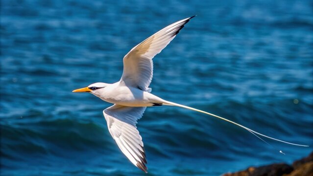 White-tailed tropicbird in flight over blue ocean