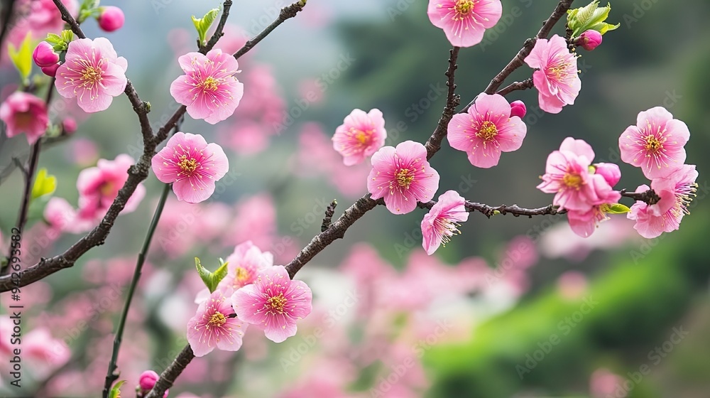 Poster pink blossoms, tree, garden. generative ai