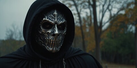 masked man wearing a black cloak evil spooky monster looking man.