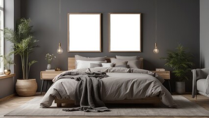 Modern Minimalist Bedroom Interior with Gray Walls and a Cozy Bed