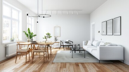 Fototapeta premium Minimalist Nordic-style living room with white walls, wooden floor, large wall decor, and ample copy space, shot with deep depth of field.