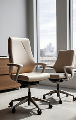 A pair of modern, ergonomic office chairs in neutral shades, positioned side by side on a plain white background, perfect for showcasing office furniture and workplace essentials.