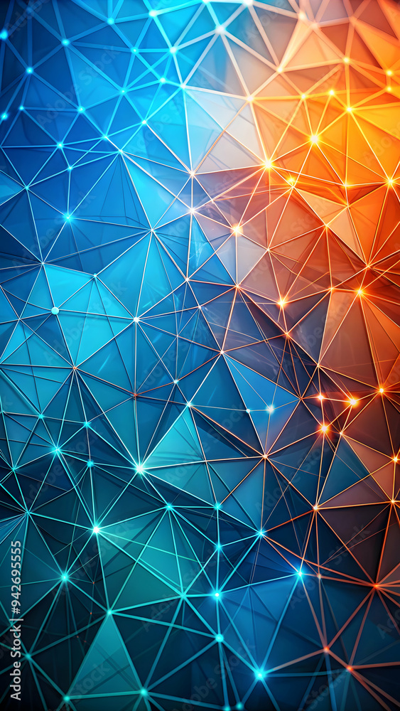 Poster abstract geometric pattern: blue and orange abstract geometric background with glowing points of lig
