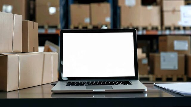 Laptop with blank screen, coffee cup and cardboard boxes on a table.
