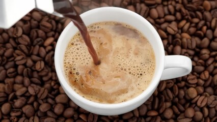 Steaming Hot Coffee in a Cup Surrounded by Coffee Beans - Rustic Morning