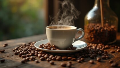 Steaming Hot Coffee in a Cup Surrounded by Coffee Beans - Rustic Morning
