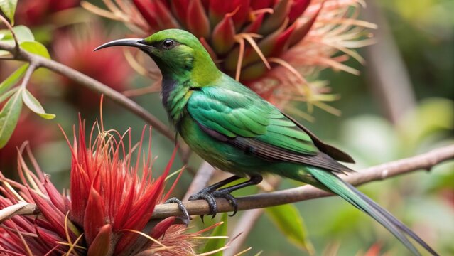 Green-backed Honeyeater Perched on a Branch with Red Flowers - Powered by Adobe