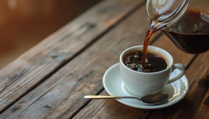 Pouring Freshly Brewed Coffee from a Carafe into a Cup - Morning Ritual