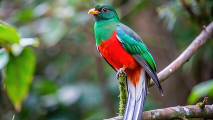 Obraz premium A Vibrant Green and Red Quetzal Perched on a Branch