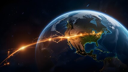 Communication technology, global internet network over Earth. Telecommunication and data transfer, connection links, original image furnished.