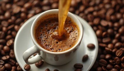 Pouring Freshly Brewed Coffee into a Cup Surrounded by Coffee Beans - Food Photography