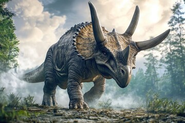 Fototapeta premium A Triceratops Dinosaur Walking Through a Foggy Forest