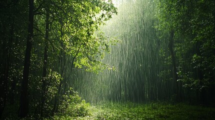 Obraz premium Peaceful Rainfall in Lush Green Forest, Nature's Tranquil Beauty