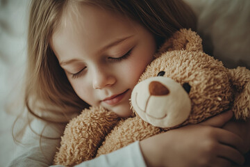 Little girl hugging a teddy bear in her room. Devotion concept