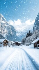 A pristine mountain village is nestled under a blanket of snow, with flakes drifting lazily from the sky.
