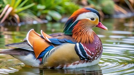 Mandarin Duck Swimming in a Pond with Vibrant Plumage