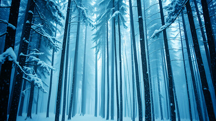Obraz premium A gentle snowfall in a quiet winter forest with tall, snow-covered trees