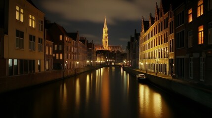 Obraz premium Nighttime view of Bruges canal and Notre Dame spire.