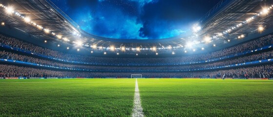 A stadium with bright lights and cheering fans at night
