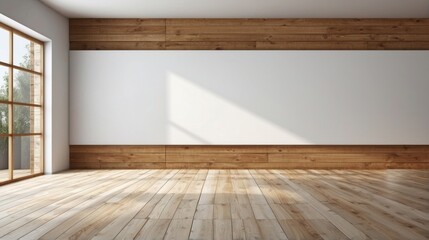 Empty Room with Large White Wall and Wooden Floor
