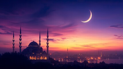 Fototapeta premium Mosque sunset sky, moon, holy night, islamic night and silhouette mosque, panaromic islamic wallpaper. 