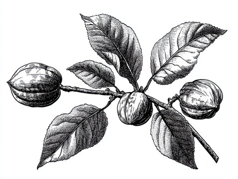 Black and white Vintage engraved art of a walnut tree branch, isolated on white background, ink sketch illustration, simple vector art design, highly detailed line art, high contrasty 