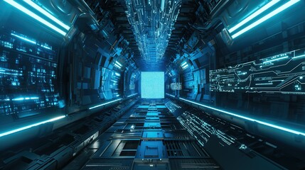 Blue spaceship interior with lit projector. Futuristic corridor in space station with glowing neon lights background. 3d rendering