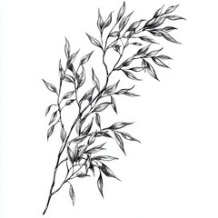 Naklejka premium Black and white Vintage engraved art of a willow tree branch, isolated on white background, ink sketch illustration, simple vector art design, highly detailed line art, high contrasty