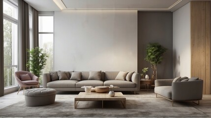 Fototapeta premium Modern Living Room Interior Design with Beige Sofa and Wooden Accents
