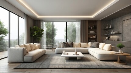 Fototapeta premium Modern Living Room with White Sofa and Grey Rug