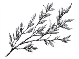 Obraz premium Black and white Vintage engraved art of a willow tree branch, isolated on white background, ink sketch illustration, simple vector art design, highly detailed line art, high contrasty 2206