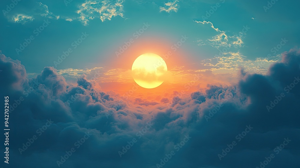 Sticker sun clouds fiery blue expanse. generative ai