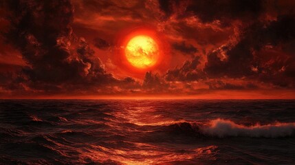 Sun red sea storm clouds. Generative AI